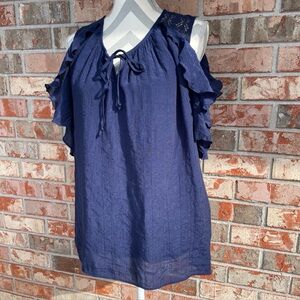 Alyx Womens Size 1X Navy Blue Cold Shoulder Ruffle Short Sleeve Blouse